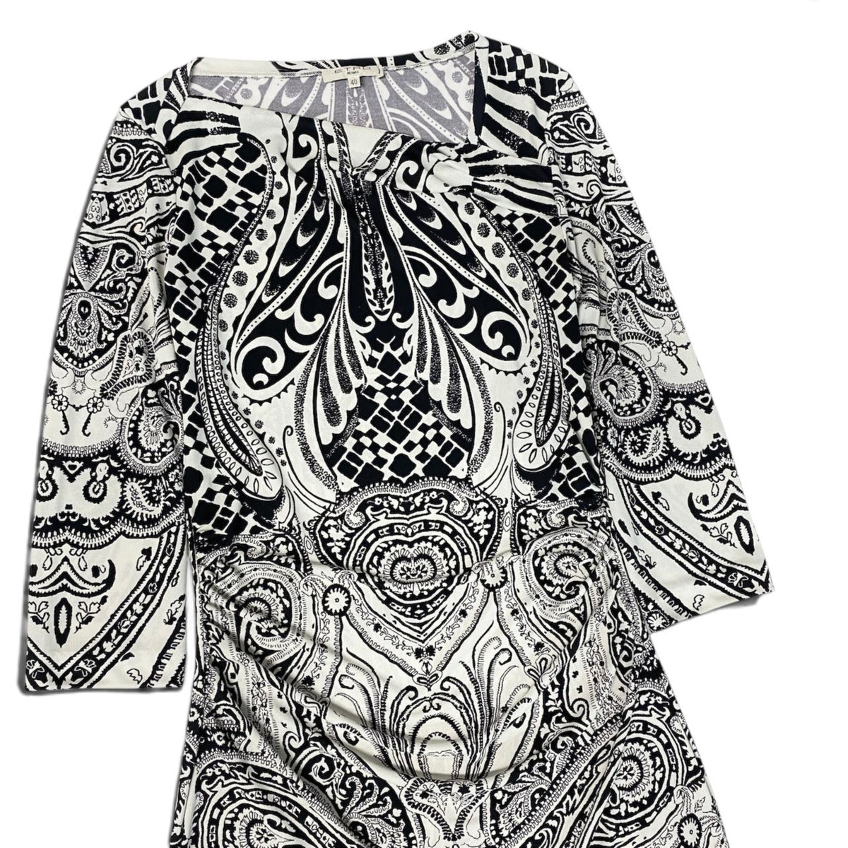 90j27 【美品】ETRO エトロ ドレープドレスワンピース 変形デザインネック 総柄 イタリア製 40サイズ ホワイト ブラック ポリエステル100％ レディース 女性用u02t