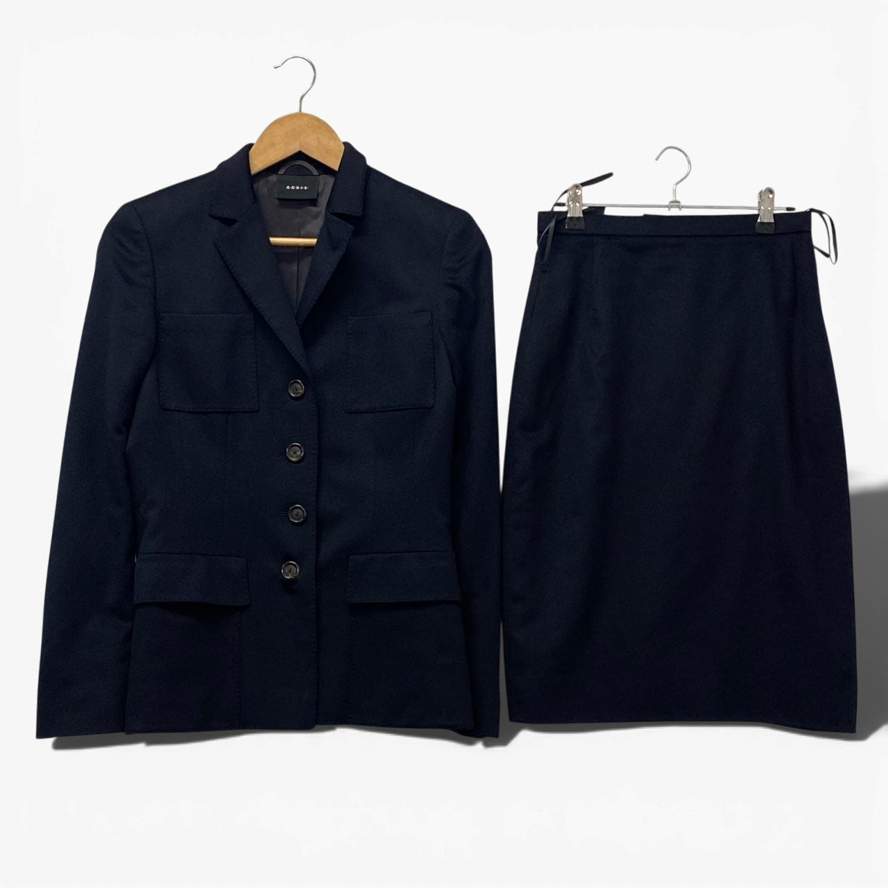 11a30 【美品】A-K-R-I-S- アクリス カシミヤ スカートセットアップ ジャケット タイトスカート 36サイズ ネイビー カシミヤ100％ レディース 女性用u02t