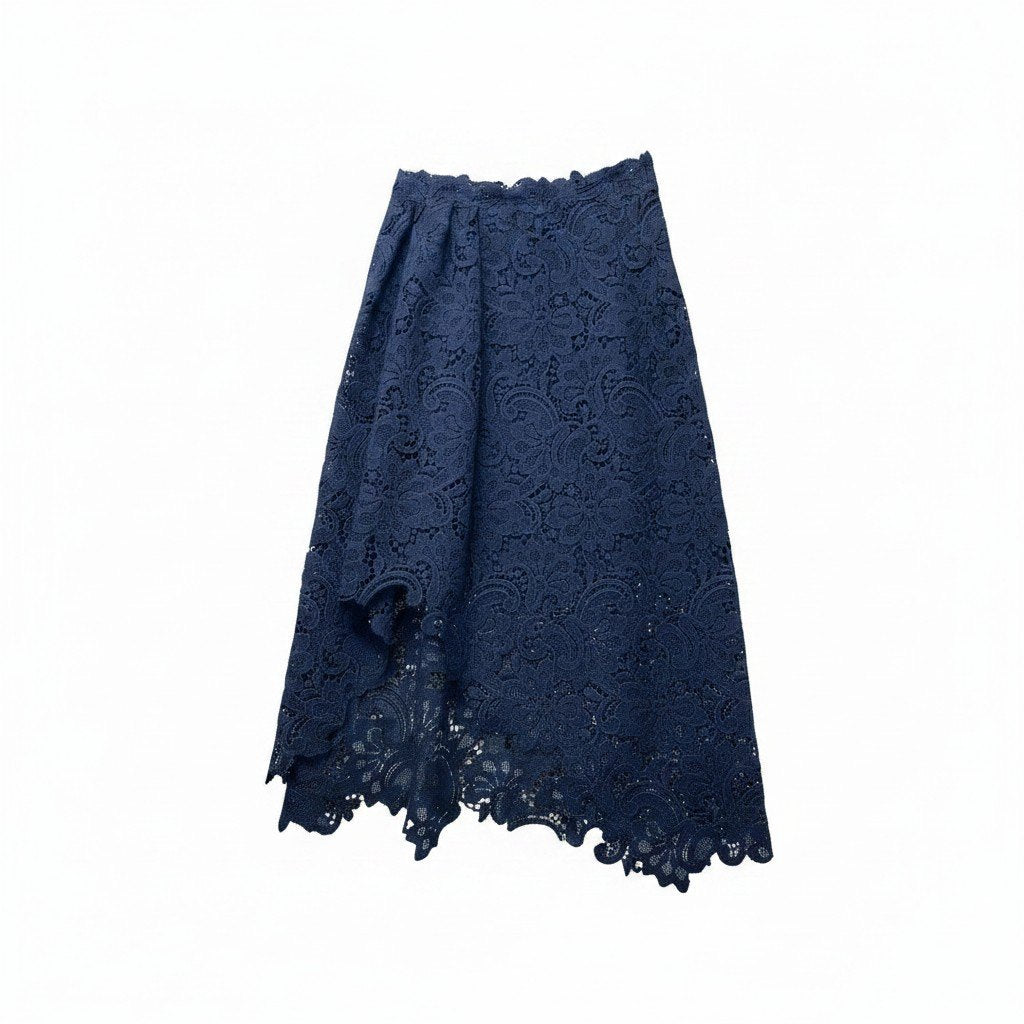 6f18 ERMANNO SCERVINO エルマンノシェルビーノ レーススカート 変形スカート 膝丈 イタリア製 40サイズ ネイビー レディース 女性用u02t