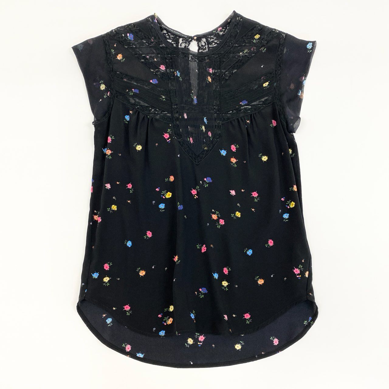 3g2 《美品》 ERMANNO SCERVINO エルマンノシェルビーノ 半袖シャツ カットソー トップス レース 花柄 サイズ38 ブラック シルク レディース 女性用