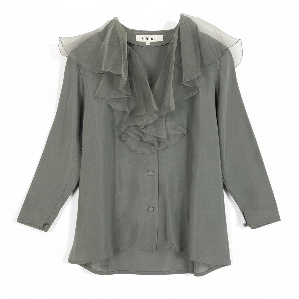 40d16 Chloe クロエ シアーフリル 長袖シャツ シルクブラウス トップス 40 グレー シルクu02t
