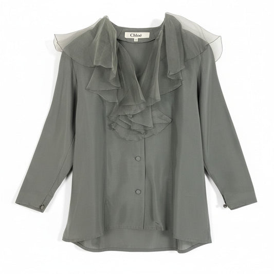 40d16 Chloe クロエ シアーフリル 長袖シャツ シルクブラウス トップス 40 グレー シルクu02t