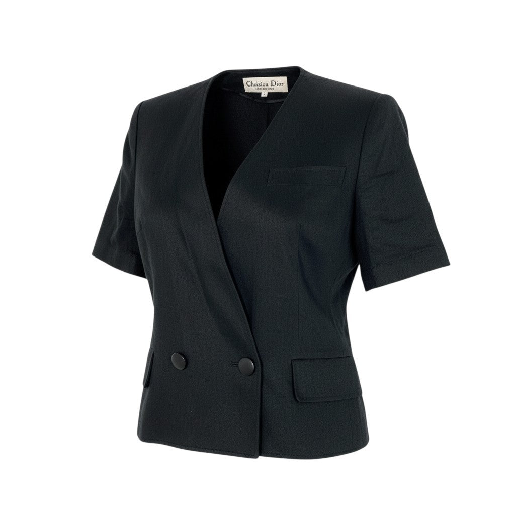 36a30 Vintage Christian Dior ヴィンテージ クリスチャンディオール ノーカラー 半袖ジャケット Collarless Short Sleeve Jacket Lサイズ ブラック リネン linen レディースo07t