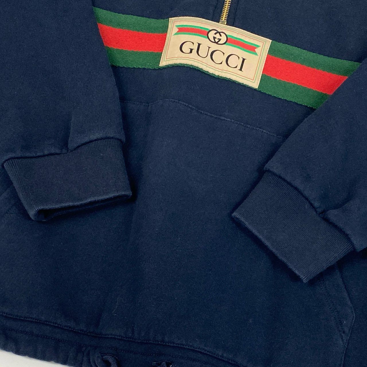 10a13 GUCCI グッチ ハーフジップ スウェットパーカー 長袖 フロントロゴ GGマーク シェリーライン イタリア製 メンズ 紳士服 XS ネイビー コットン100％o07t