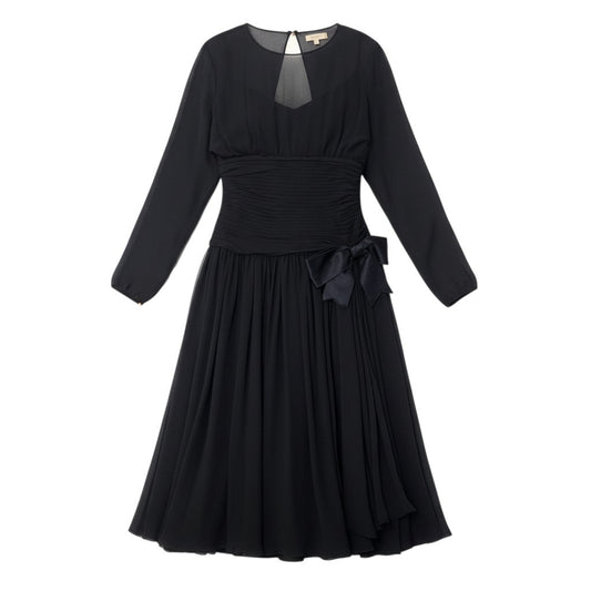 Ci13 CHANEL シャネル 90’s ドレス ヴィンテージ ワンピース 金ボタン フランス製 シフォンワンピース 23371 38 ブラック シルク100％ レディース 女性用k02i