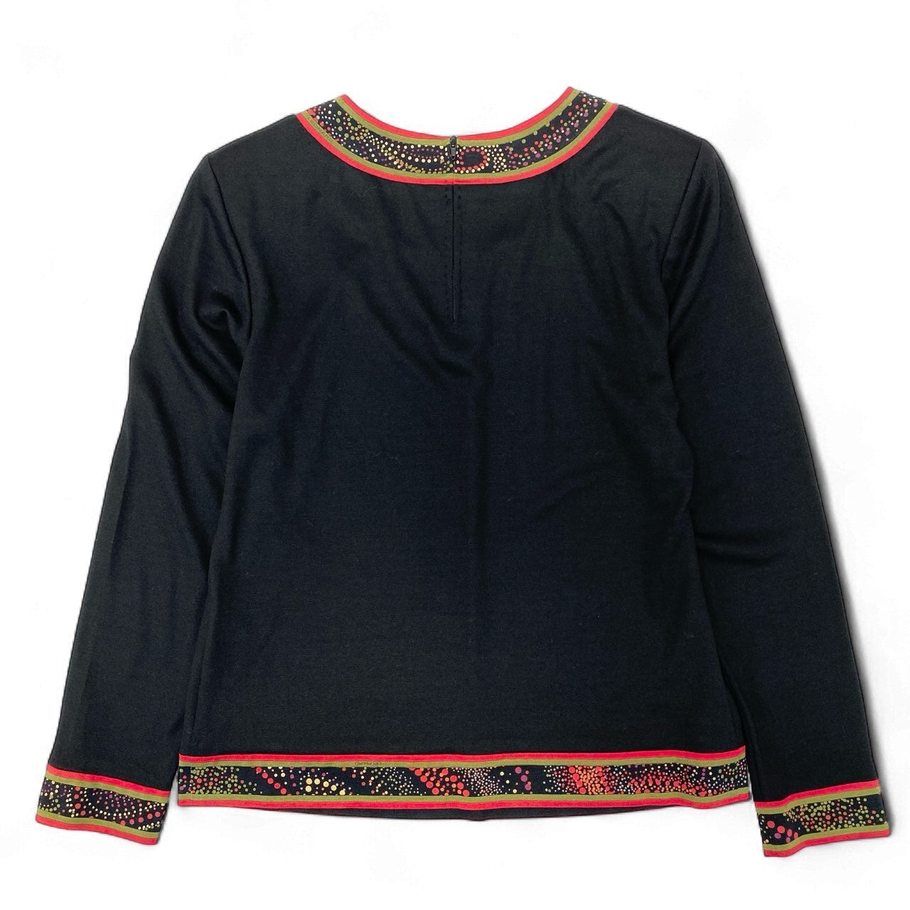 79k21 LEONARD FASHION レオナール 長袖Tシャツ クルーネック カットソー 切替プリント ウールシルク レディース 女性用 Ｍ ブラックu02t