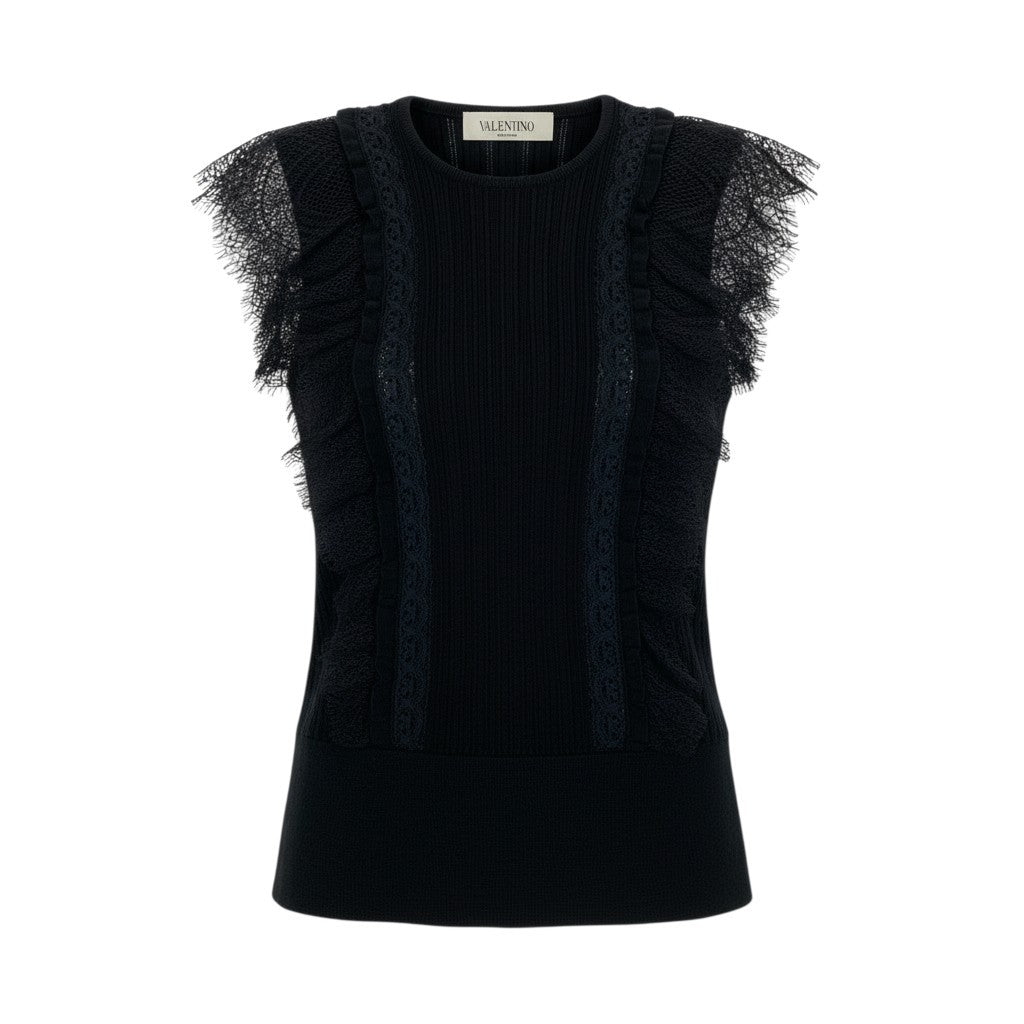 59b22 VALENTINO ヴァレンティノ ノースリーブ ニットカットソー リブニット レース装飾 レディース 女性服 イタリア製 M ブラック ウール100％u02t