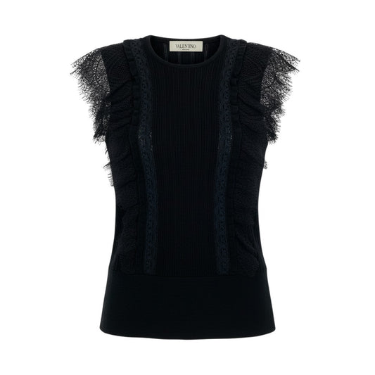 59b22 VALENTINO ヴァレンティノ ノースリーブ ニットカットソー リブニット レース装飾 レディース 女性服 イタリア製 M ブラック ウール100％u02t
