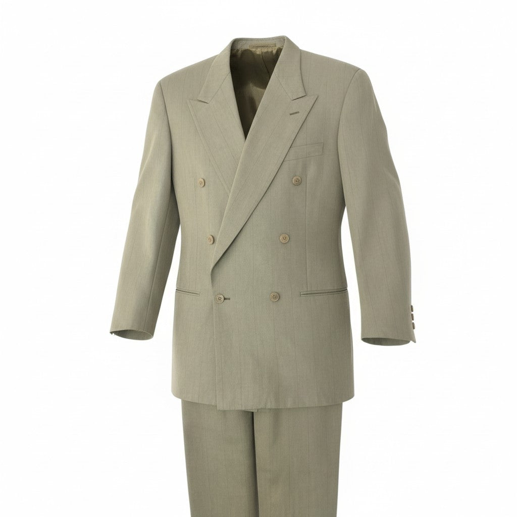 5c5 GIORGIO ARMANI ジョルジオアルマーニ Vintage 白タグ ダブルブレスト セットアップ スーツ 46 カーキ ストライプ メンズ 90su02t