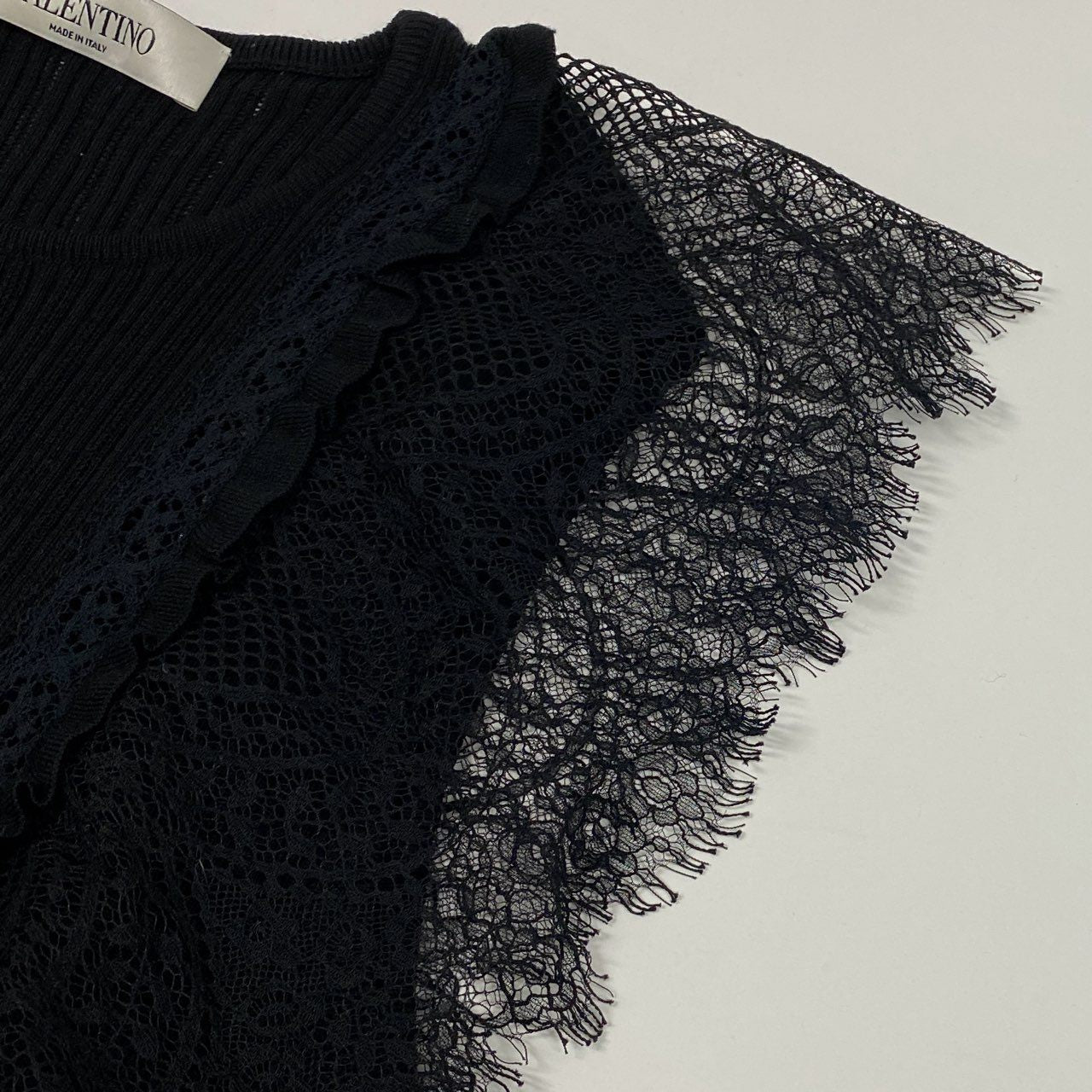 59b22 VALENTINO ヴァレンティノ ノースリーブ ニットカットソー リブニット レース装飾 レディース 女性服 イタリア製 M ブラック ウール100％u02t
