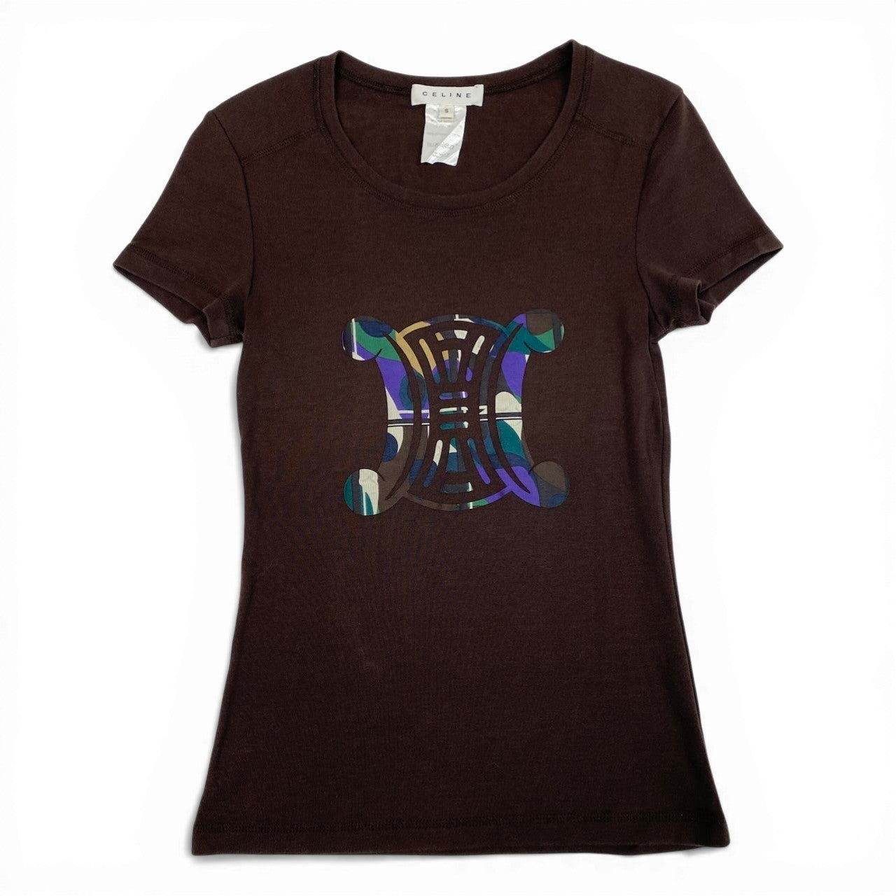 Ic27 CELINE セリーヌ ロゴプリントTシャツ 半袖Tシャツ ストレッチ素材 トップス Sサイズ ブラウン コットン100％ レディース 女性用u02t