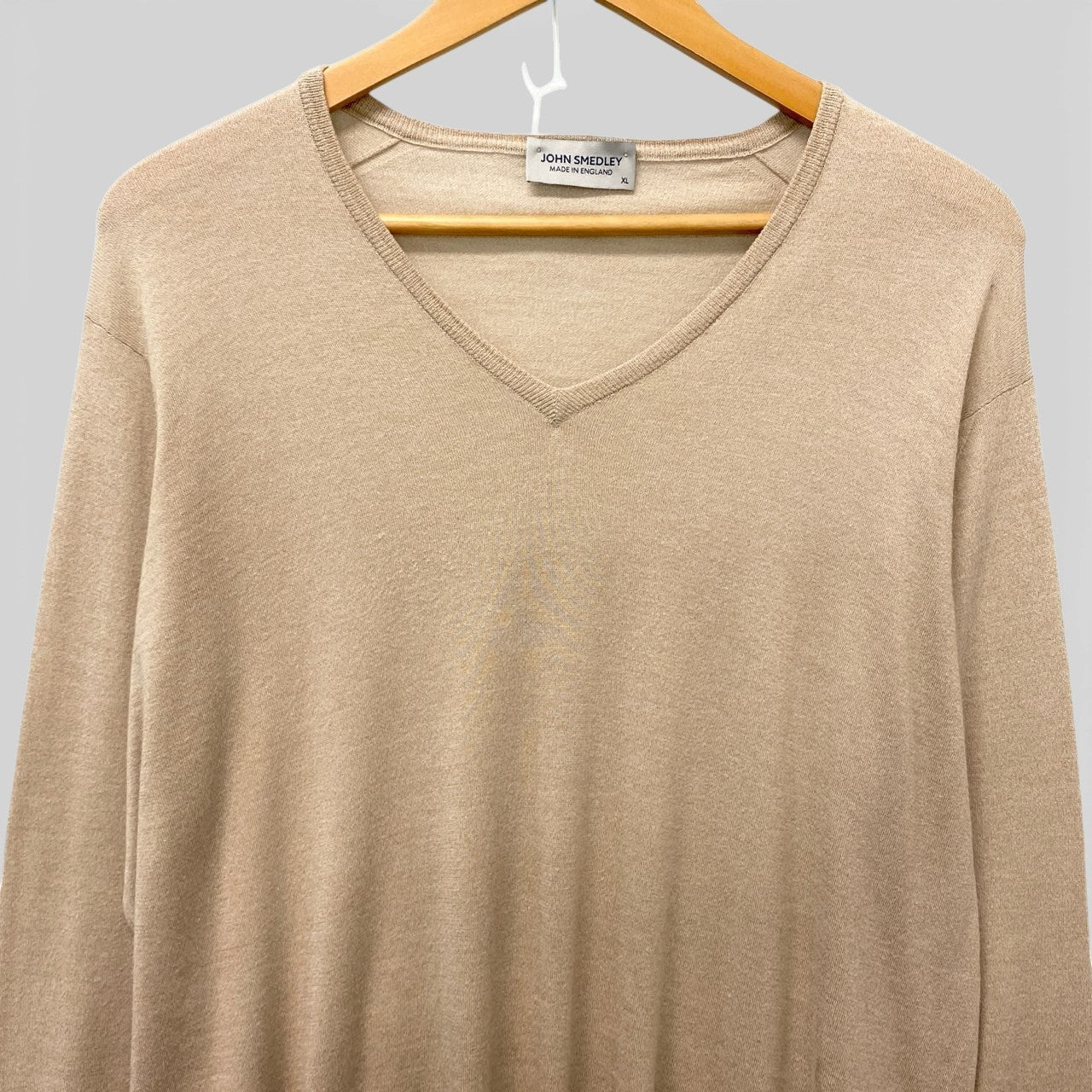 6b17 JOHN SMEDLEY ジョンスメドレー Vネックニットセーター コットンウール イギリス製 XLサイズ ベージュ メンズ 男性用u02t