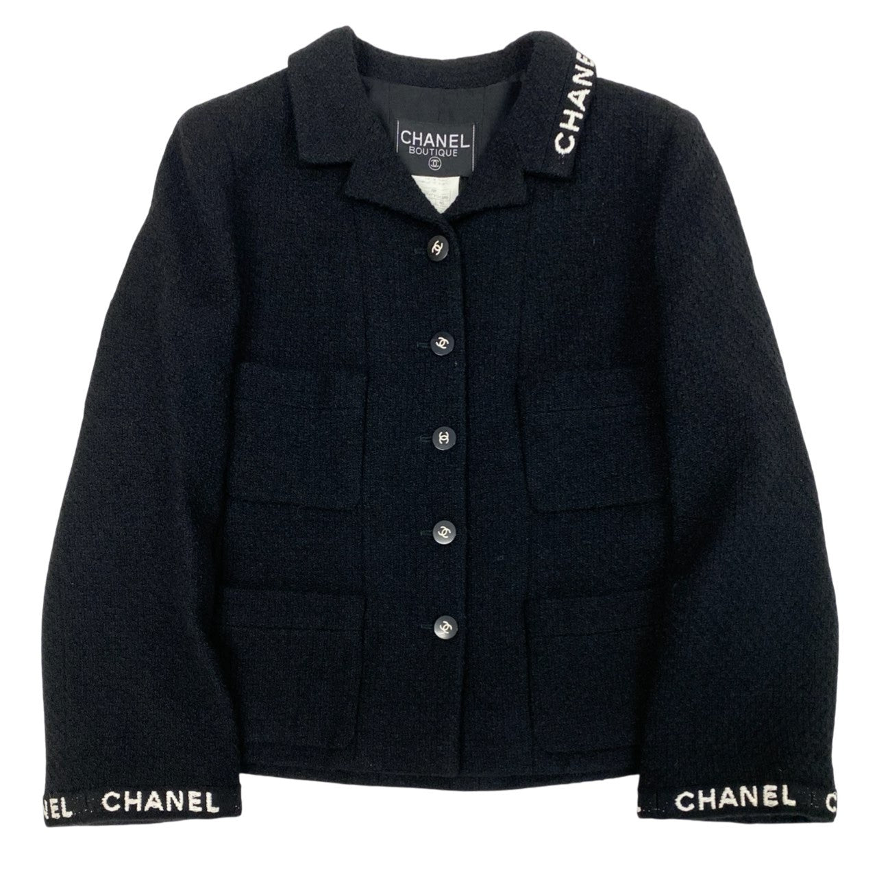 Cb23 Vintage CHANEL シャネル 1995 ツイードジャケット テーラードジャケット ロゴ ココマークボタン P05747V04386 40 ブラック 95Ata1