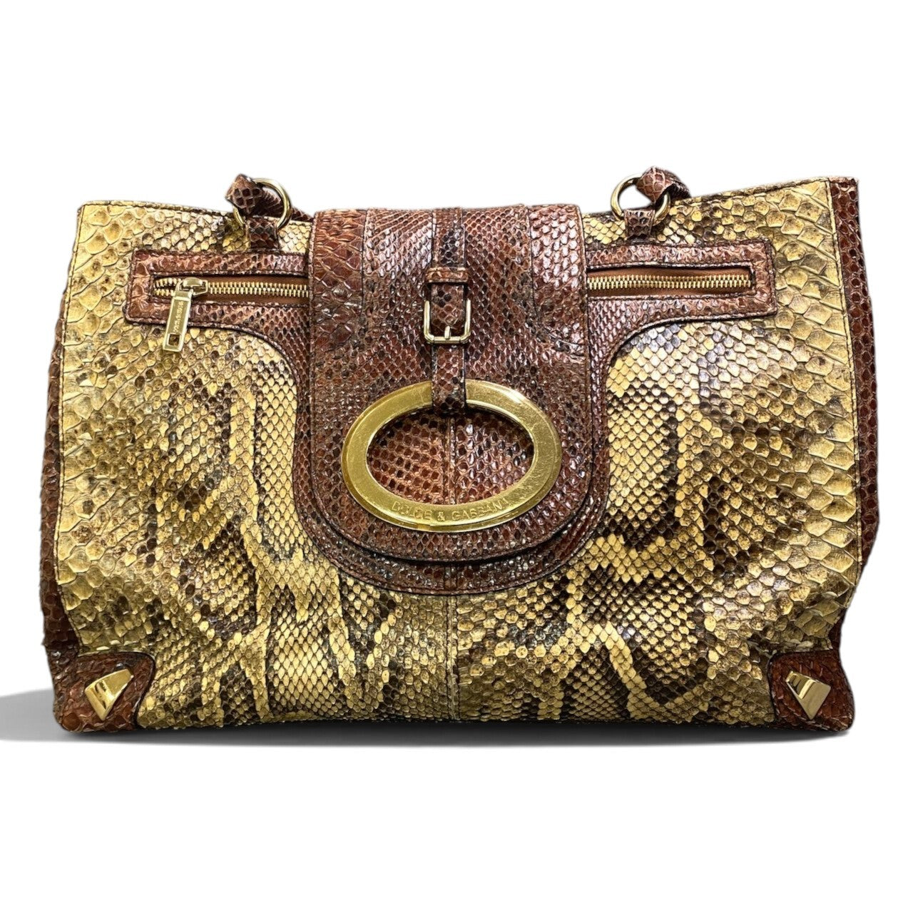 h29 DOLCE＆GABBANA ドルチェアンドガッバーナ リアルパイソン ハンドバッグ ゴールド金具 ブラウン系 パイソンレザーu02t