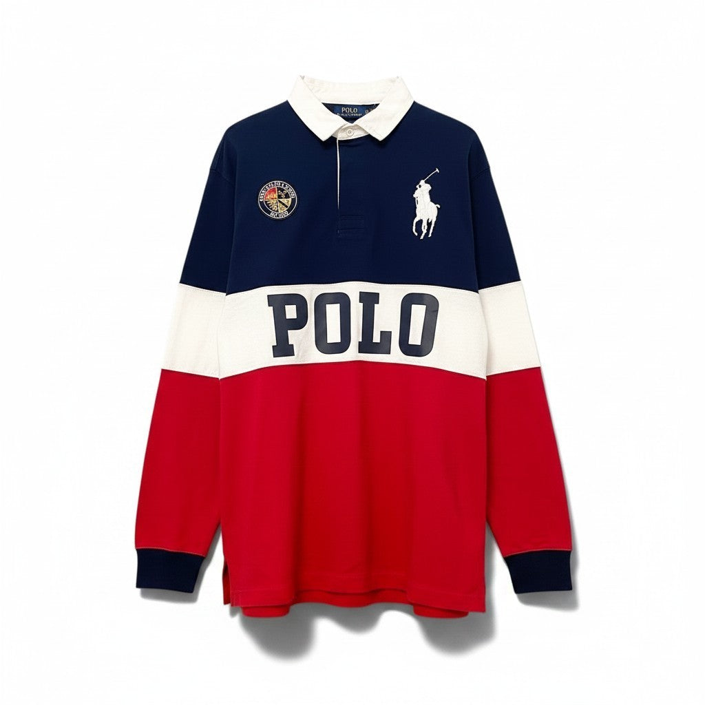 62i1 【未使用タグ付】 POLO RALPH LAUREN ポロラルフローレン CUSTOM SLIM FIT ロゴプリント 長袖ポロシャツ トリコロール ビッグポニー XXL ネイビー ホワイト レッド コットン100％ メンズu02t
