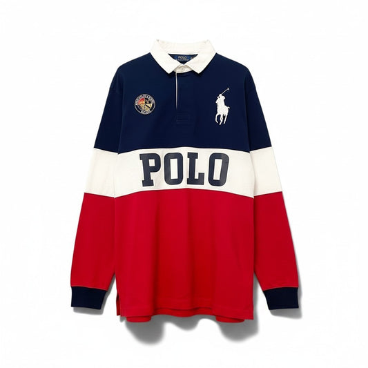 62i1 【未使用タグ付】 POLO RALPH LAUREN ポロラルフローレン CUSTOM SLIM FIT ロゴプリント 長袖ポロシャツ トリコロール ビッグポニー XXL ネイビー ホワイト レッド コットン100％ メンズu02t