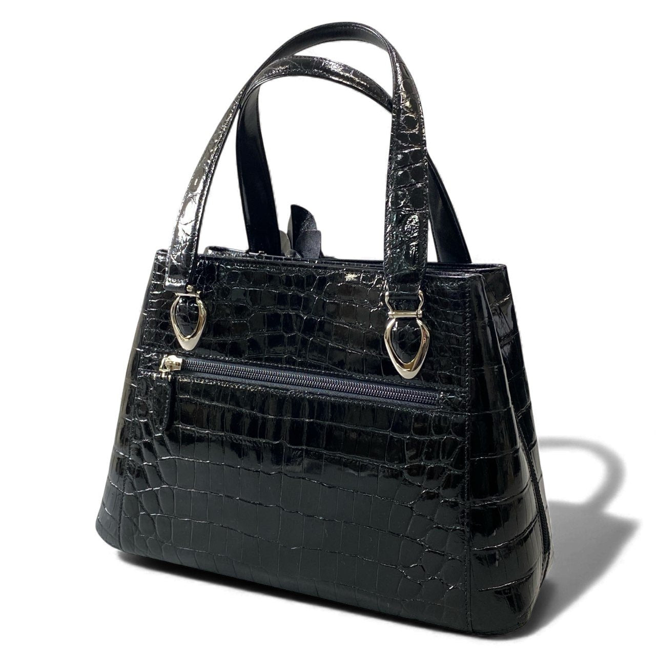 gk16《極美品》 sanpo サンポー JRA認定 シャイニングクロコ ハンドバッグ ブラック Crocodile Leather ワニ革 ワンショルダー センター取り エキゾチックt18r