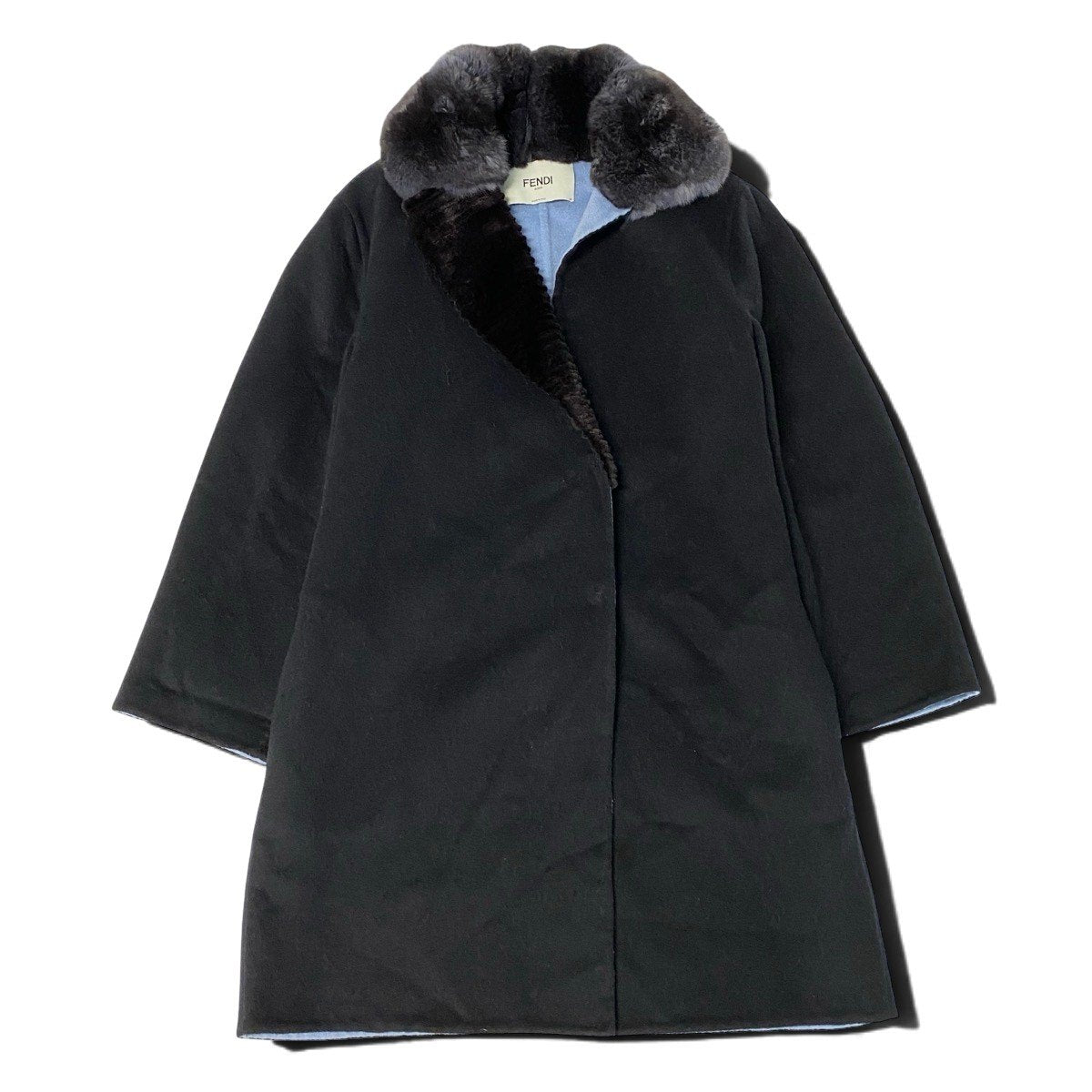 Ej22 【美品】 FENDI フェンディ アシンメトリー チェスターコート チンチラ×ミンクファー サイズ42 ブラック カシミヤ100 レディースo07t