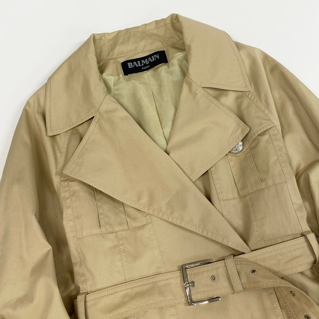 Ec24 BALMAIN バルマン ショートトレンチコート Short Trench Coat サイズ38 ベージュ スプリングコート 銀ボタンt18r