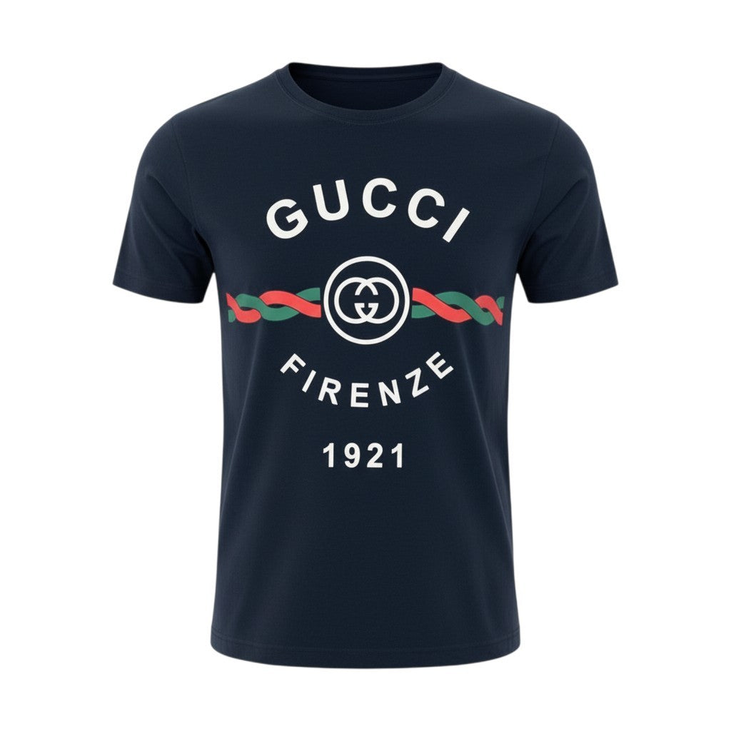 i19【未使用保管品】 タグ付 GUCCI グッチ FIRENZE 1921 ロゴプリント Tシャツ 半袖カットソー 616036 XJD7T XSサイズ ネイビー コットン メンズo07t
