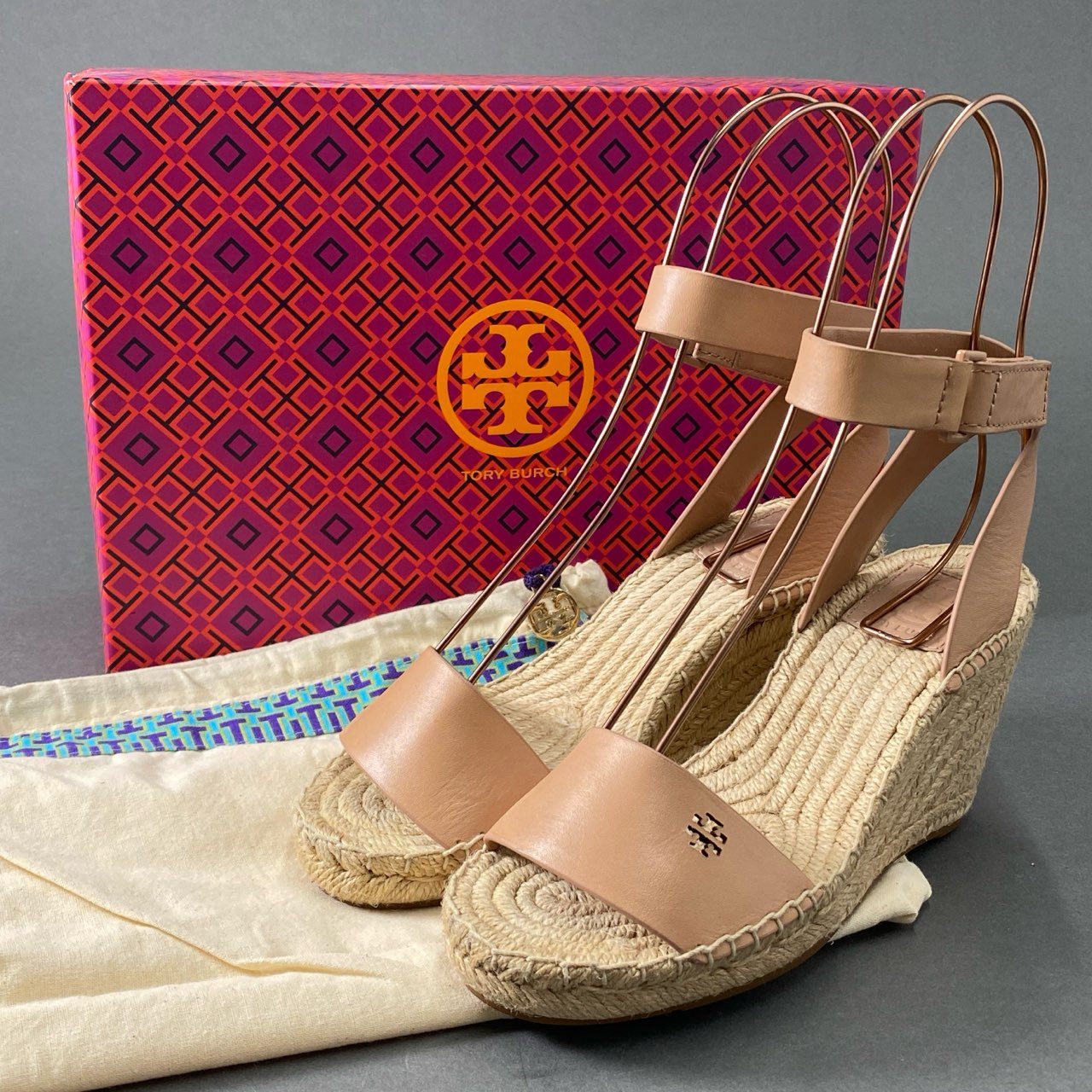 5d16 《美品》 定価￥46,200 TORY BURCH トリーバーチ BIMA2 エスパドリーユ ウェッジソール サンダル 5 ピンク ベージュ レザー シューズ 箱有