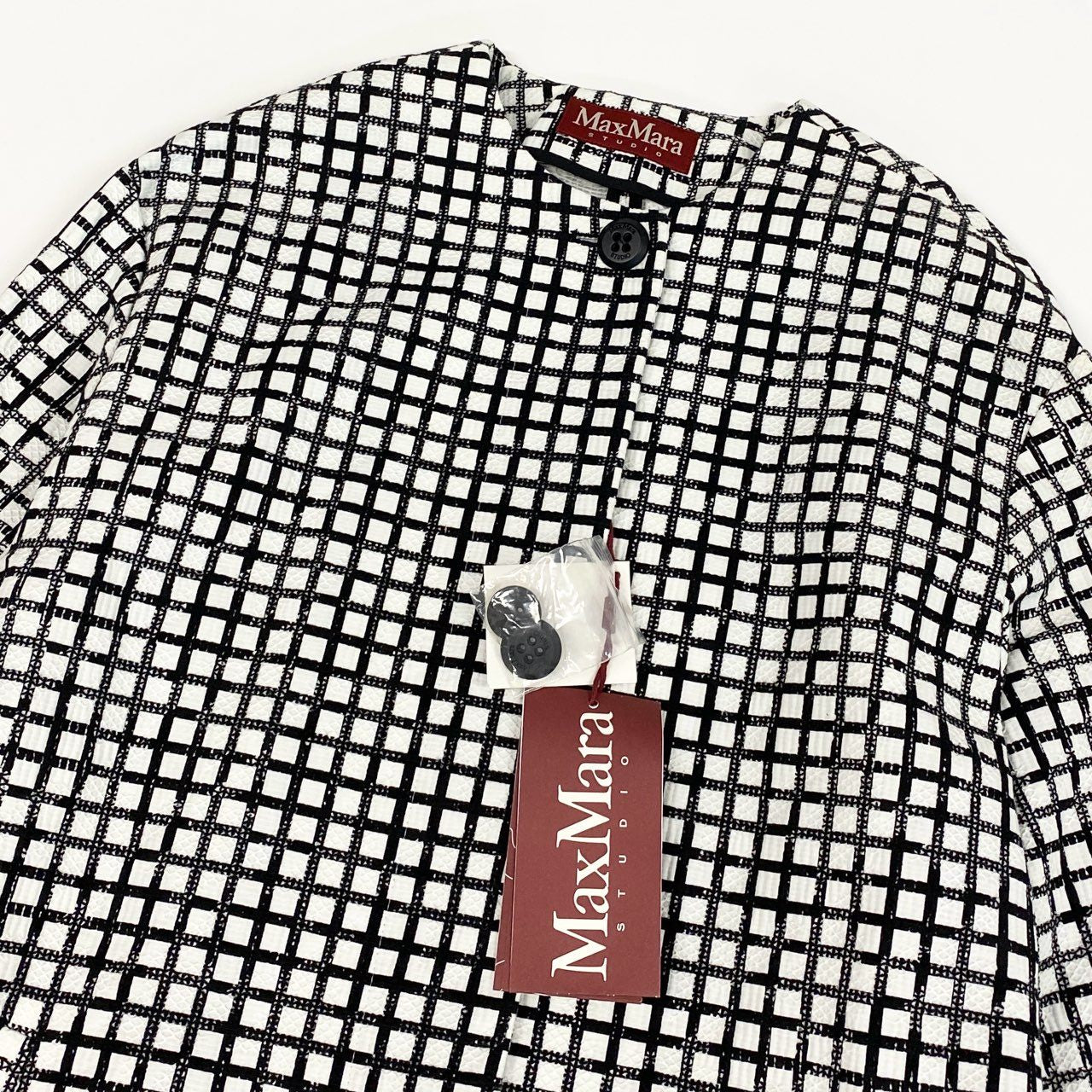 65a14【未使用】 Max Mara STUDIO マックスマーラ ノーカラー ロングコート スプリングコート 格子柄 レディース 女性用 サイズ40 ブラック ホワイト コットン100％u02t