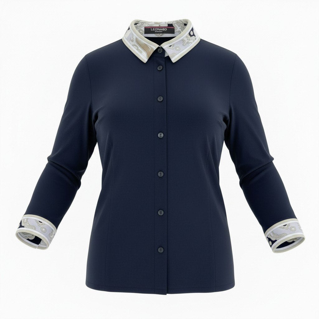 30b11 LEONARD レオナール ロングスリーブボタンダウンシャツ カンカン素材 美しいプリント 0179558 Lサイズ ネイビー レディース 女性用u02t