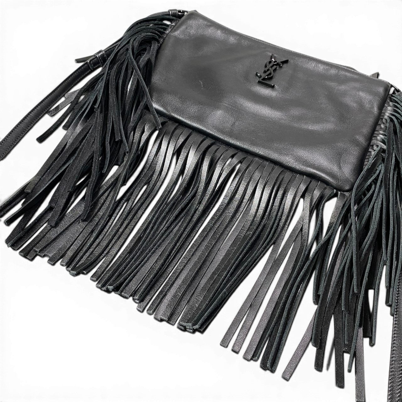g9 SAINT LAURENT PRIS サンローランパリ カサンドラ オールブラック フリンジ ショルダーバッグ レザー レディースta1