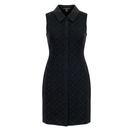 c31 《美品》 LOUIS VUITTON ルイヴィトン モノグラムレース シャツワンピース Monogram Lace Shirt Dress サイズ36 ブラックt18r