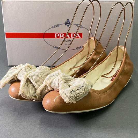 2e16 PRADA プラダ ラムレザー リボンバレエシューズ 40 ライトブラウン シープスキン 箱付き
