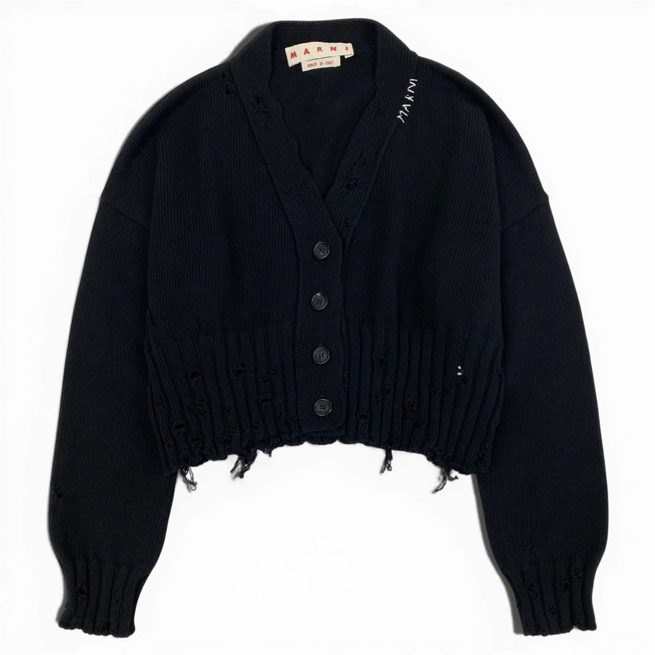 Ib19 【美品】 MARNI マルニ ダメージ クロップド カーディガン ニットカーディガン Vネック 刺繍ロゴ レディース 女性用 CDMD0223A2 UFC652 サイズ40 ブラック コットン100％t18r