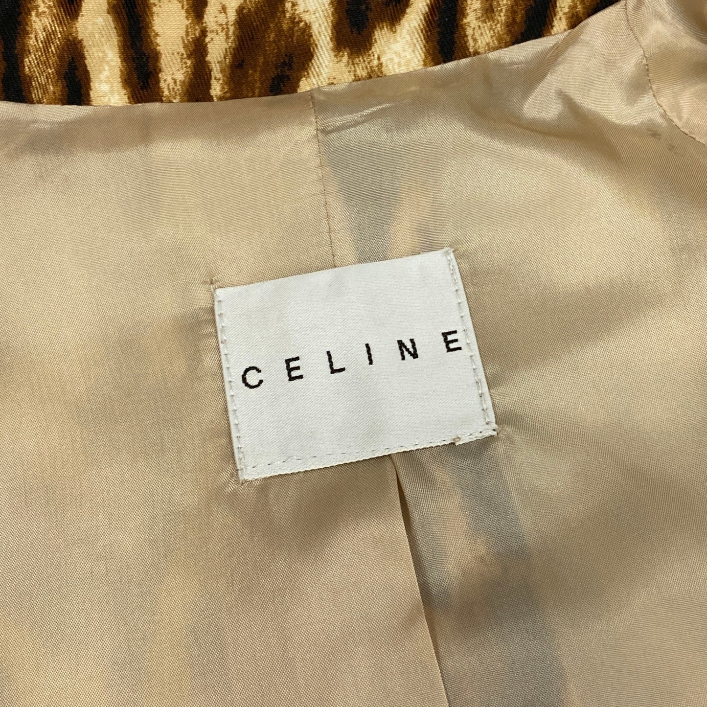 Ed18 CELINE セリーヌ ステンカラーコート ジャケット レオパード ヒョウ柄 ミディアム丈 ベージュ ブラウン レディース 女性用u02t