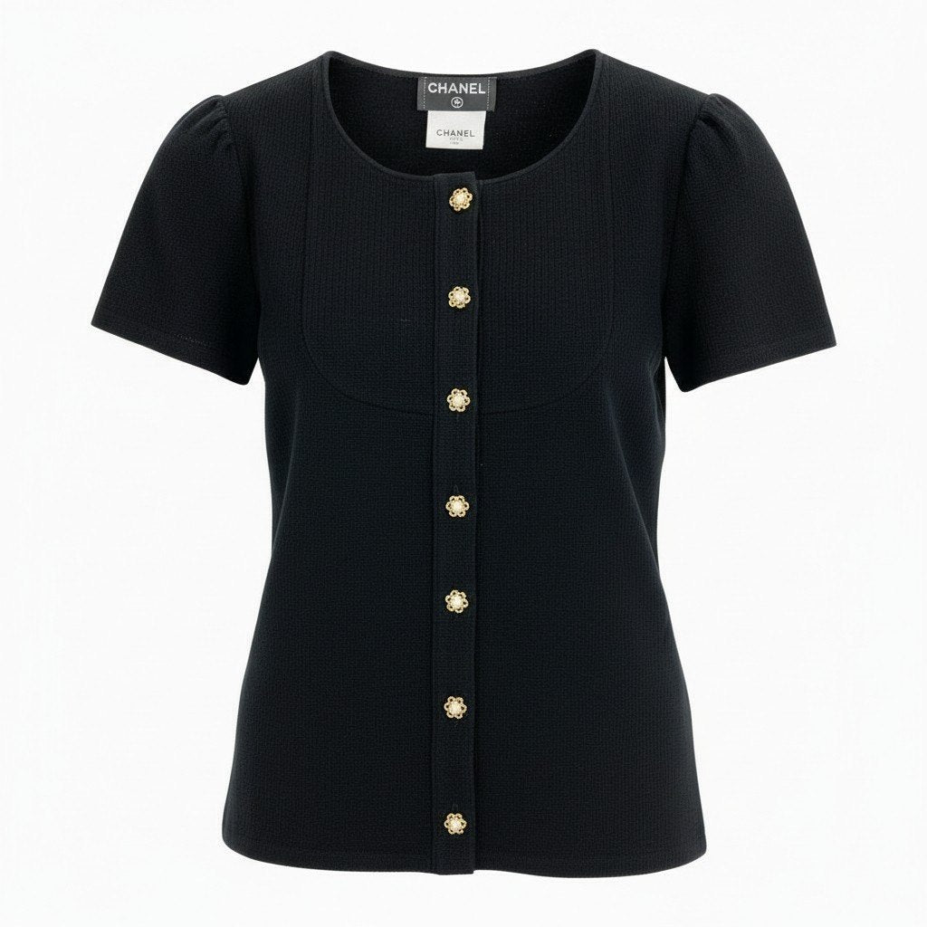 60a14 CHANEL シャネル P51842 2015年 タイトフィット 半袖カーディガン 短丈ブラウス サイズ38 ブラック レディース トップスta1