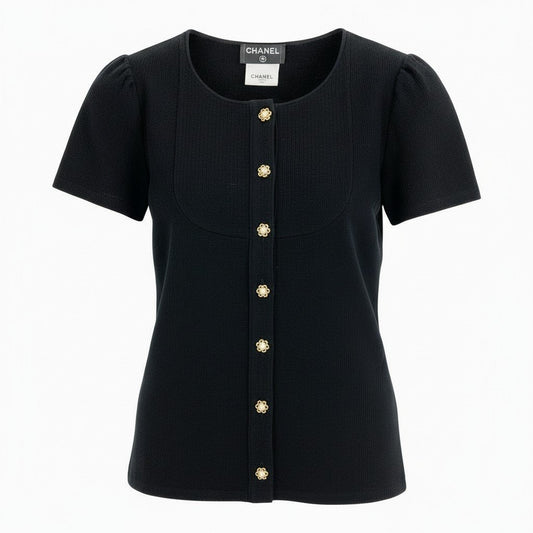 Ca14 CHANEL シャネル P51842 2015年 タイトフィット 半袖カーディガン 短丈ブラウス サイズ38 ブラック レディース トップスta1