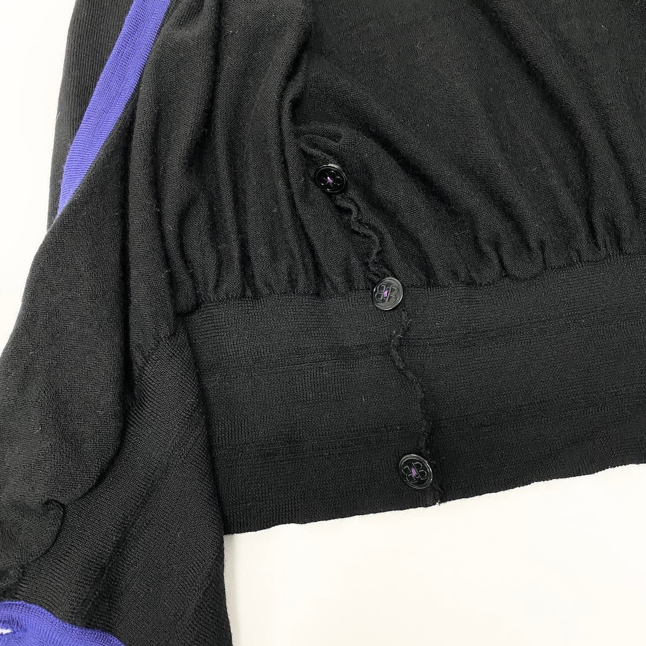 41d10 BALENCIAGA バレンシアガ 長袖ニットカーディガン BBロゴ 変形デザイン レディース 女性用 M ブラックパープル ウール100％u02t