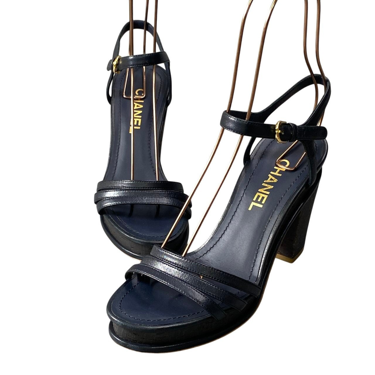 g7【美品】CHANEL ココマーク ストラップサンダル イタリア製 38サイズ ネイビー レザー レディース 女性用k02i
