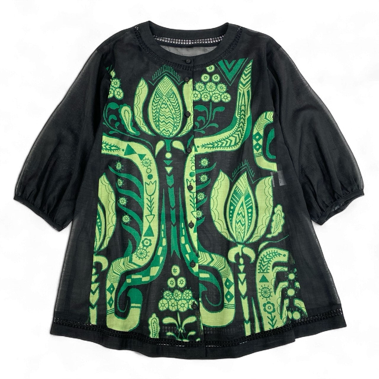 41k26 TOKUKO 1er VOL トクコプルミエヴォル シアー チュニックシャツ ロングスリーブ 花柄モチーフ レディース 女性用 9 ブラック グリーンu02t
