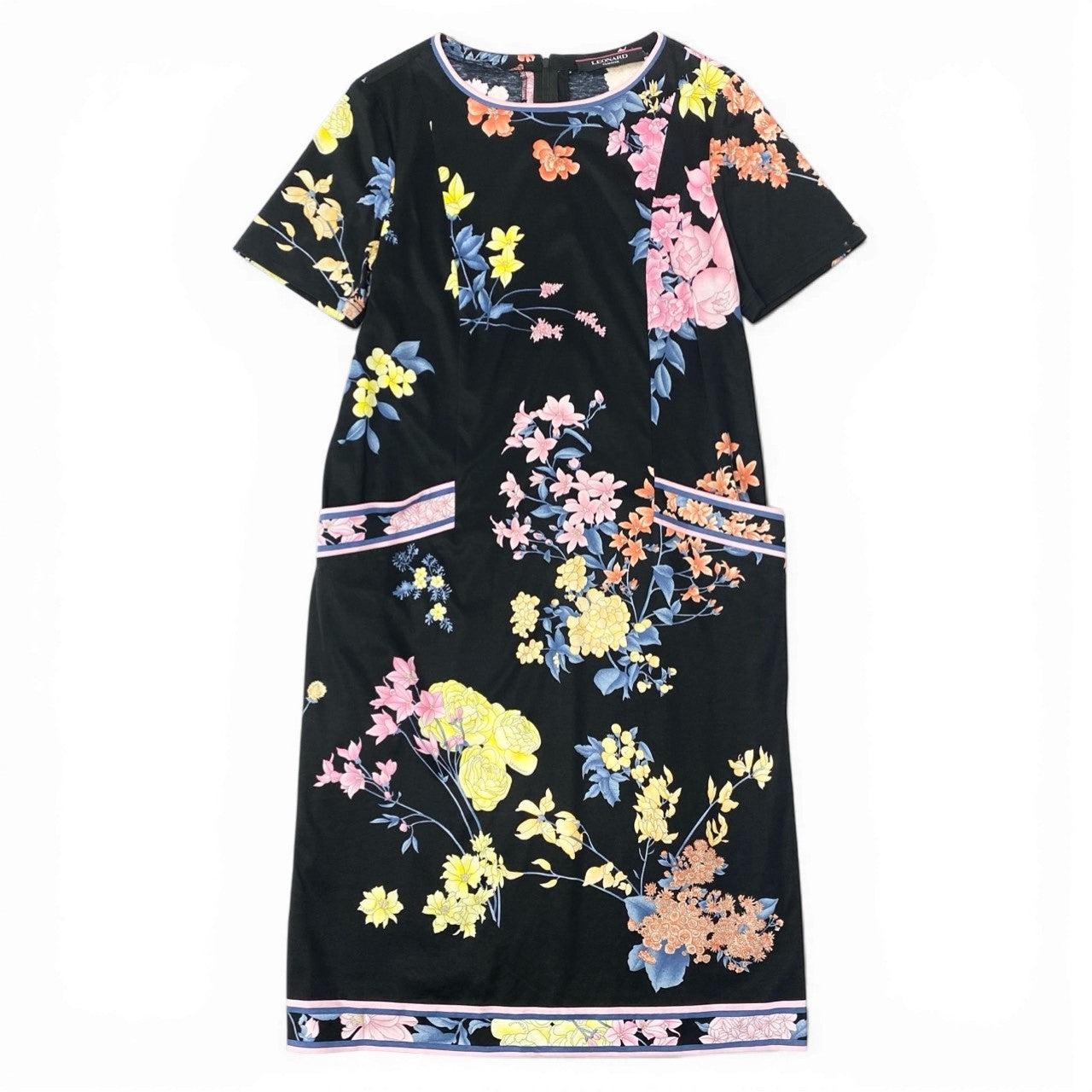 11b6【極美品】LEONARD レオナール 半袖ロングワンピース 美しい花柄プリント  0390613 42サイズ ブラック コットン100％ レディース 女性用u02t