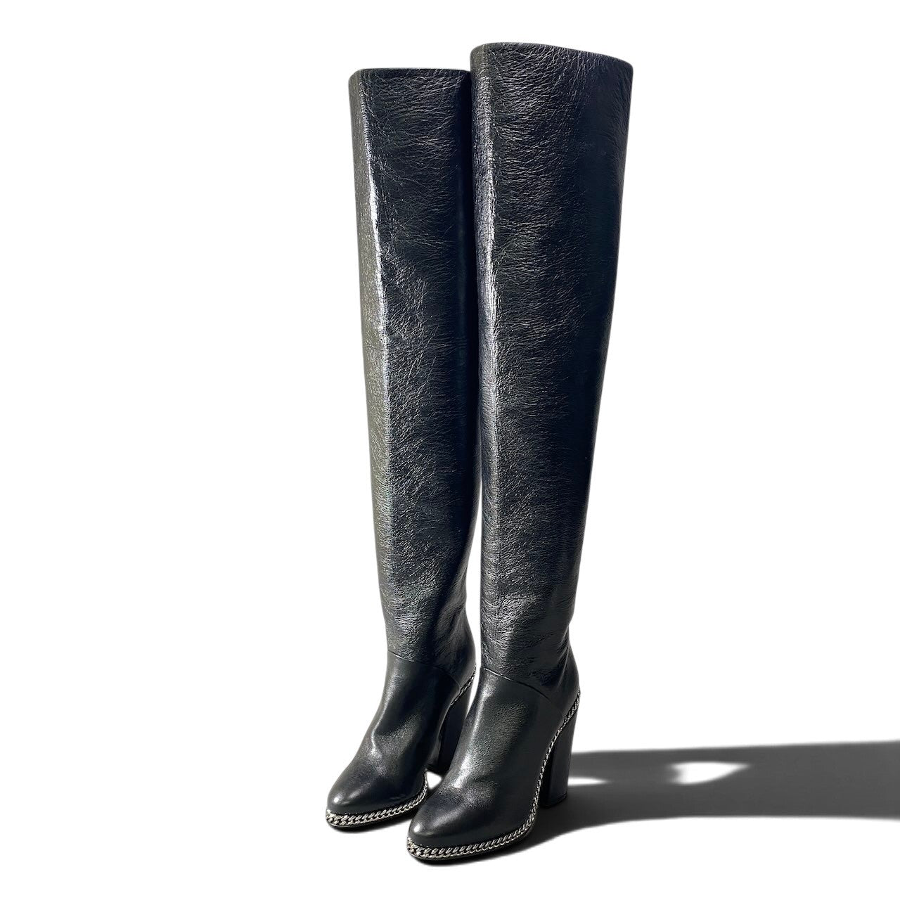h10 【新品保管品】BALMAIN Emma エマ ニーハイブーツ メタルチェーン イタリア製 36サイズ ブラック レザー レディース 女性用k02i