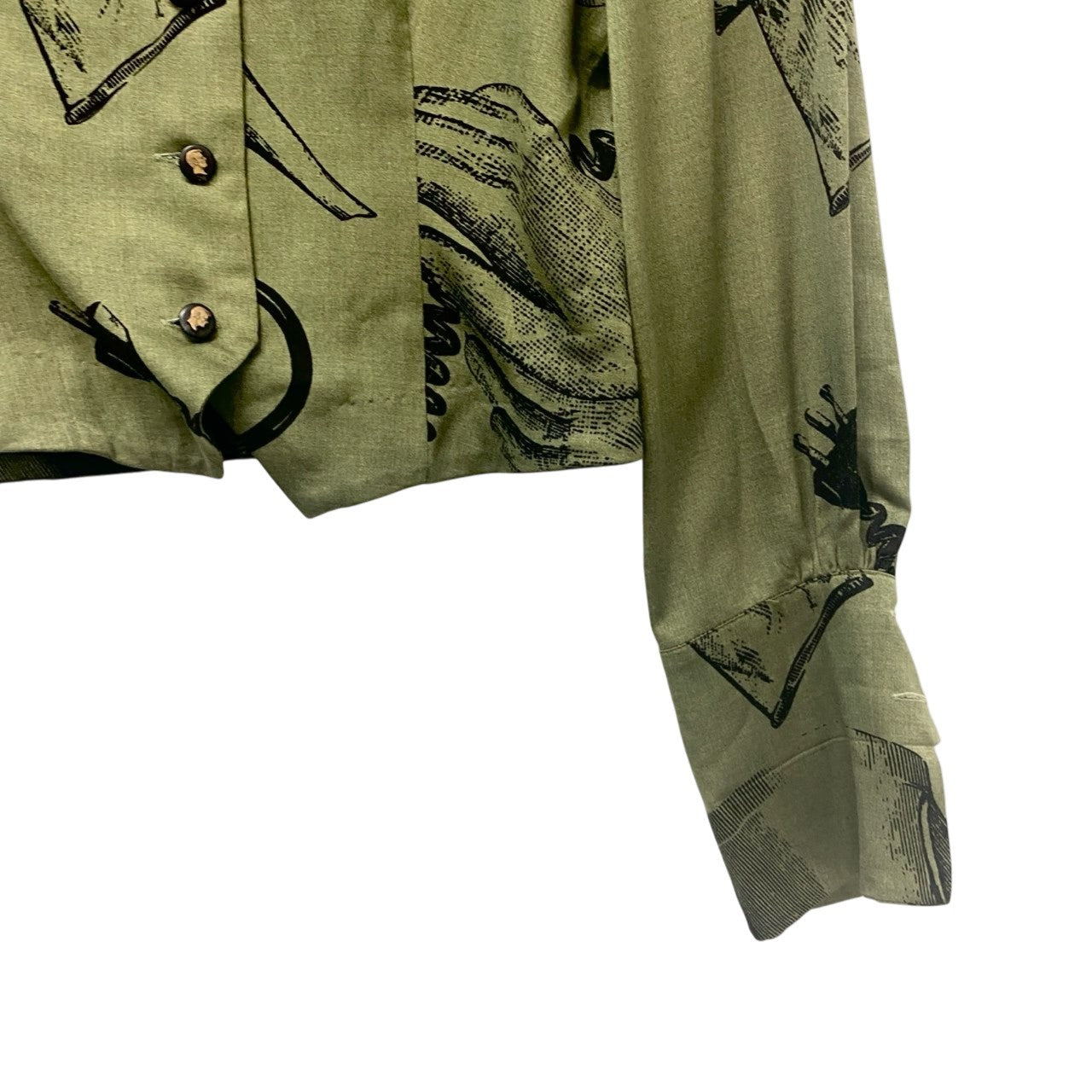 24b16 【美品】MOSCHINO モスキーノ ヴィンテージ ノーカラーシャツジャケット グラフィックプリント ショート丈 バルーン袖 カーキ レディース 女性用u02t