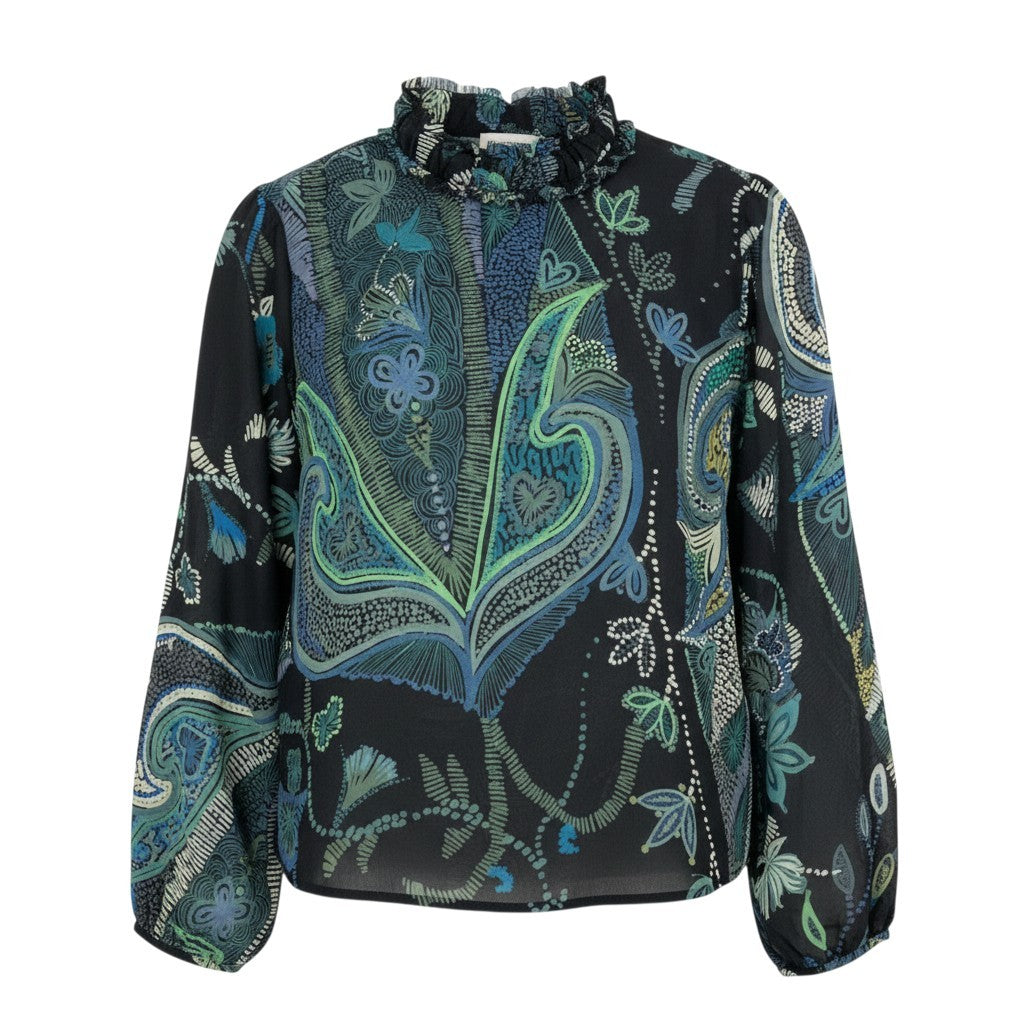 41k26 《美品》 TOKUKO 1er VOL トクコプルミエヴォル シアーブラウス フリルネック 総柄プリント ロングスリーブ レディース 女性用 9 ブラック ポリエステル100％u02t