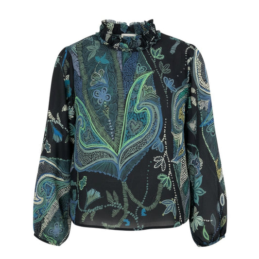 41k26 《美品》 TOKUKO 1er VOL トクコプルミエヴォル シアーブラウス フリルネック 総柄プリント ロングスリーブ レディース 女性用 9 ブラック ポリエステル100％u02t