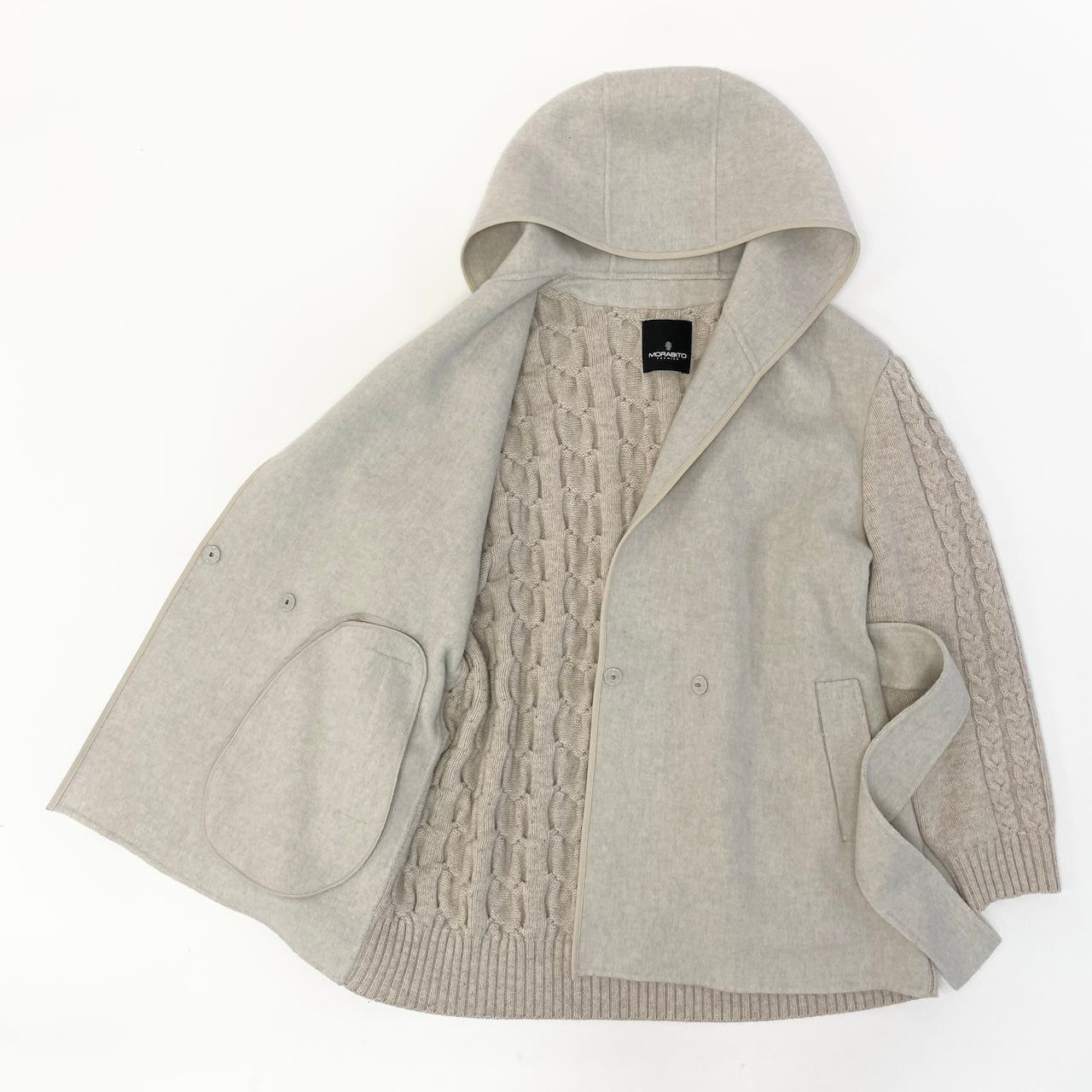 22d12 【未使用タグ付】 MORABITO PREMIER モラビト 定価￥220.000 ハーフコート フーディージャケット ニットスリーブ ケーブルニット サイズ38 ライトベージュ レディース 女性用u02t