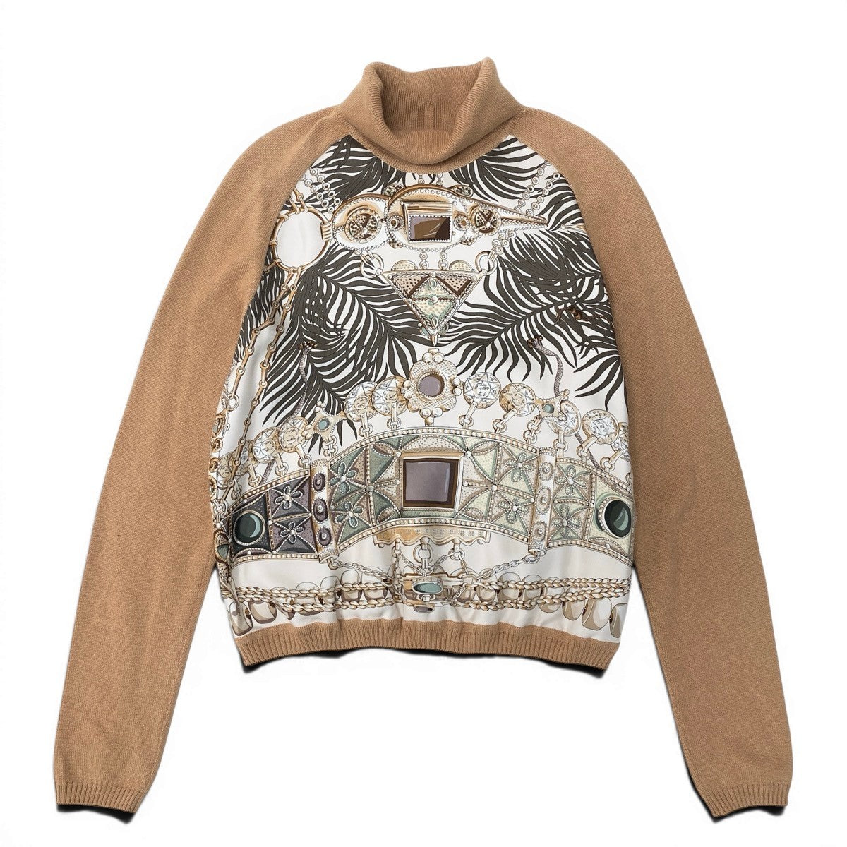 28f15 HERMES エルメス マルジェラ期 ハイネックニットセーター スカーフ柄 異素材切替 イタリア製 サイズME ベージュ レディース 女性用u02t