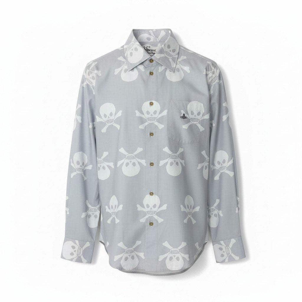22e7 VivienneWestWood MAN ヴィヴィアンウエストウッドマン ロゴ刺繡 総柄シャツ ドクロ ロングスリーブシャツ サイズ50 ライトグレー コットン100％ メンズ 紳士服u02t