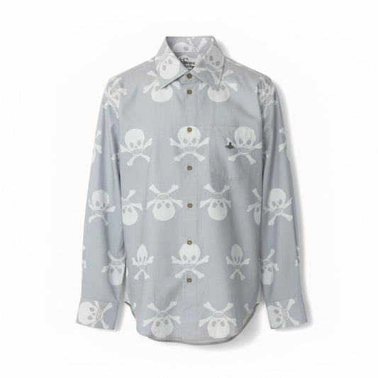 22e7 VivienneWestWood MAN ヴィヴィアンウエストウッドマン ロゴ刺繡 総柄シャツ ドクロ ロングスリーブシャツ サイズ50 ライトグレー コットン100％ メンズ 紳士服u02t