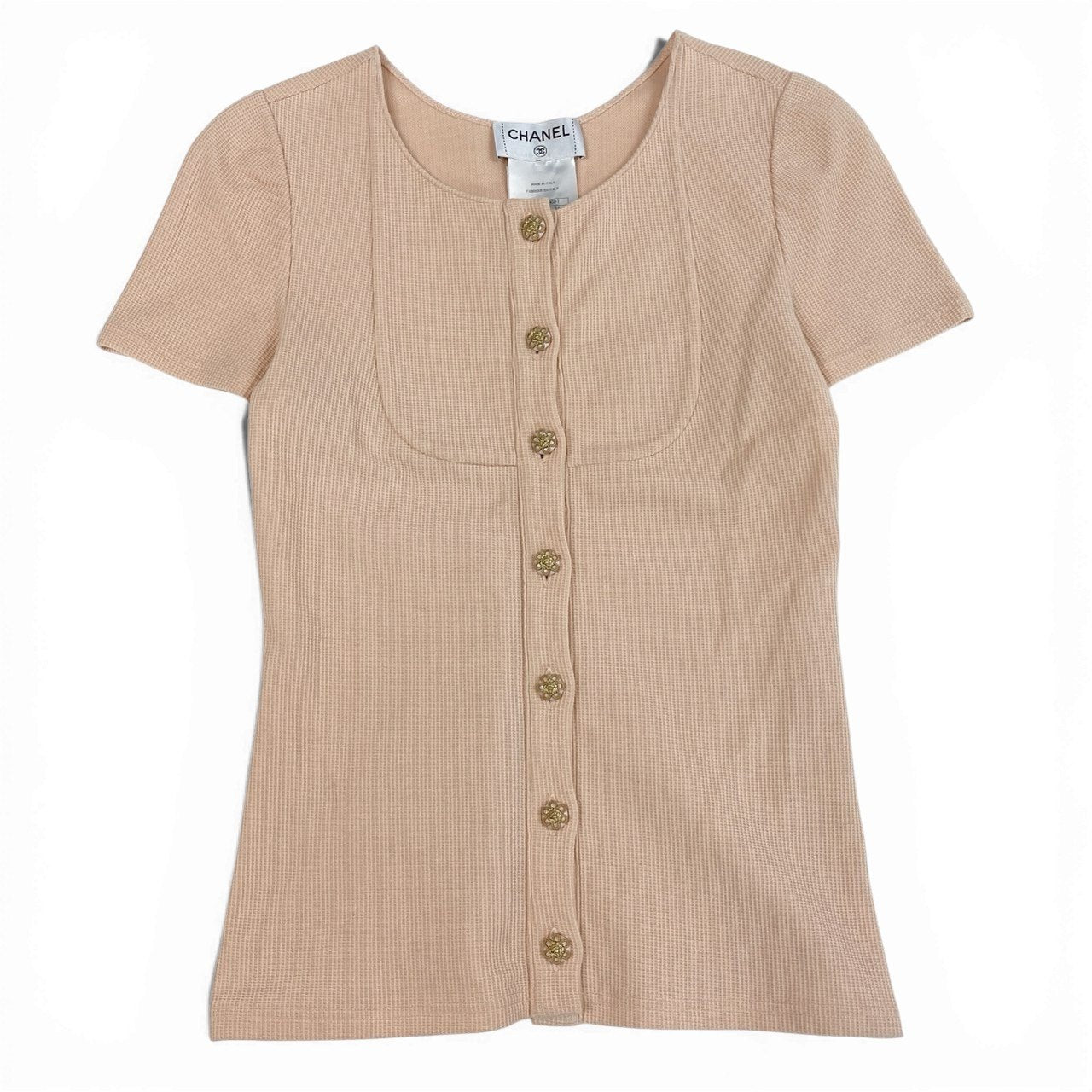 60a14 CHANEL シャネル P51842 2015SS タイトフィット 半袖カーディガン トップス サイズ34 ピンク系 コットン/ナイロン/スパンデックスta1