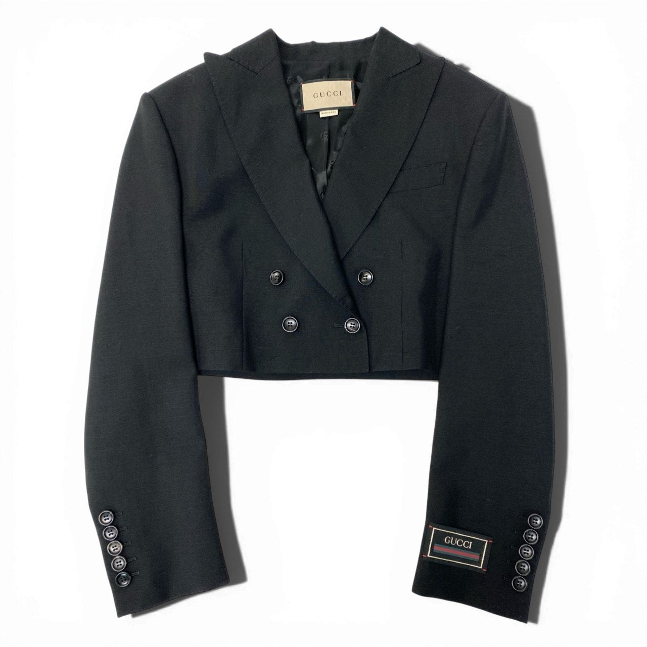 38d3 【美品】GUCCI グッチ ダブルブレストショートジャケット クロップド丈 テーラードジャケット 40サイズ ブラック レディース 女性用o07t