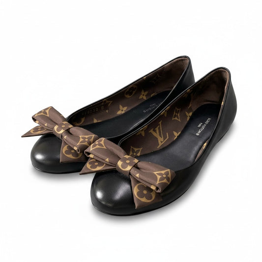 e8 《極美品》 LOUIS VUITTON ルイヴィトン モノグラム リボン フラットシューズ Monogram Ribbon Flat Shoes サイズ36 ブラック レザー 箱付t18r