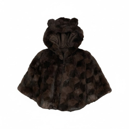 33l14 本毛皮 ラビットファー 耳付きフード ポンチョ ケープ サイズF ブラウン Rabbit Fur 内ポケット有 ケモ耳t18r